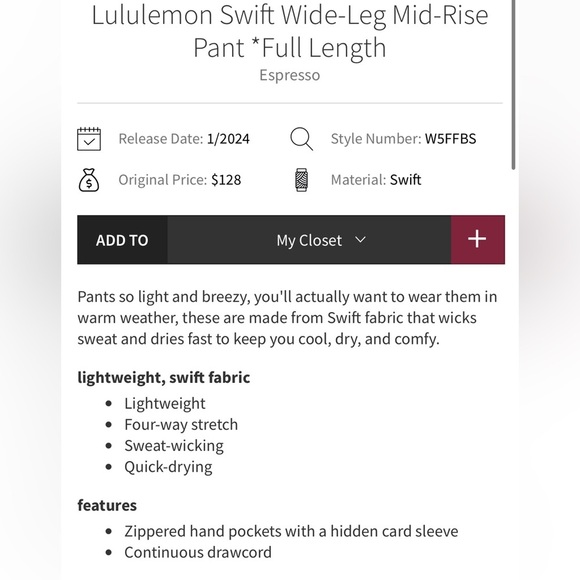 Lululemon Swift Wide-Leg Mid-Rise Pant *Full Length- Espresso/ Size 0 - Picture 2 of 9